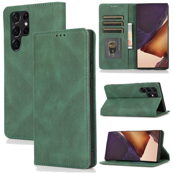 for Samsung Galaxy S24 Ultra Case, PU Leather Case, Vintage Wallet Case Book Folding Flip Case with Kickstand Card Holders Slots Magnetic Closure Protective Cover for Samsung Galaxy S24 Ultra,Green