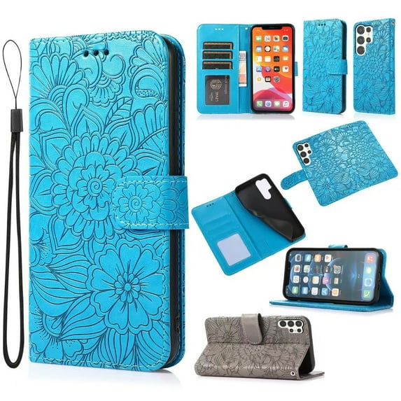 For Samsung Galaxy S24 Ultra Case, Premium Leather Magnetic Closure Flip Wallet Case with Card Holder Cash Slot Stand Function Embossed Flower Pattern Slim Shockproof Lanyard/Strap Cover,Blue