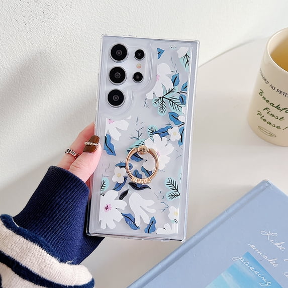 for Samsung Galaxy S24 Ultra Case with Ring Bracket, Luxury Soft TPU Floral Pattern Design for Women and Girls Drop Protective Anti-fingerprint Phone Case Cover for Samsung Galaxy S24 Ultra, Flower #2