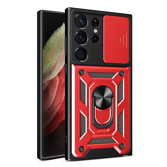 for Samsung Galaxy S24 Ultra Case, with Ring Kickstand and Camera Protection,Heavy Duty Protective Shockproof Protective Rubber PC Phone Back Cover for Samsung Galaxy S24 Ultra, Red