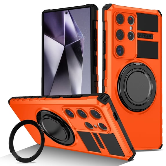 For Samsung Galaxy S24 Ultra Case with Ring Stand,360°Rotatable Ring Holder Magnetic Kickstand,2-Layer Full Body Heavy Duty Shockproof Rugged,Non-Slip Protective Phone Case forSamsung S24 Ultra,Orange