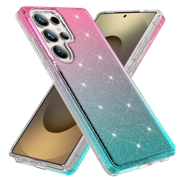 Samsung Galaxy S24 Ultra Case, Rosebono Hybrid Glitter Sparkle Transparent Colorful Gradient TPU Skin Cover Protection Case For Samsung Galaxy S24 Ultra (Pink/Teal)