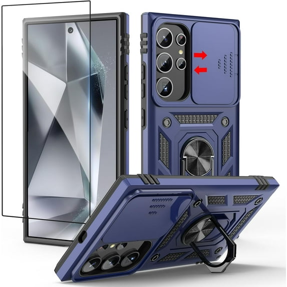 for Samsung Galaxy S24 Ultra Case with Screen Protector + Slide Camera Cover + 360°Rotated Ring Magnetic Kickstand, Heavy Duty Shockproof Protective Cover for Samsung S24 Ultra 6.8 inch Blue