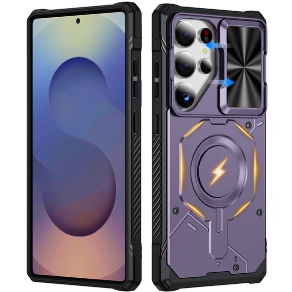 for Samsung Galaxy S24 Ultra Case with Sliding Camera Cover,Compatible with MagSafe, Rugged Shockproof Bumper Cases Heavy-Duty Magnetic Protective Phone Cover for Samsung Galaxy S24 Ultra,Lightpurple