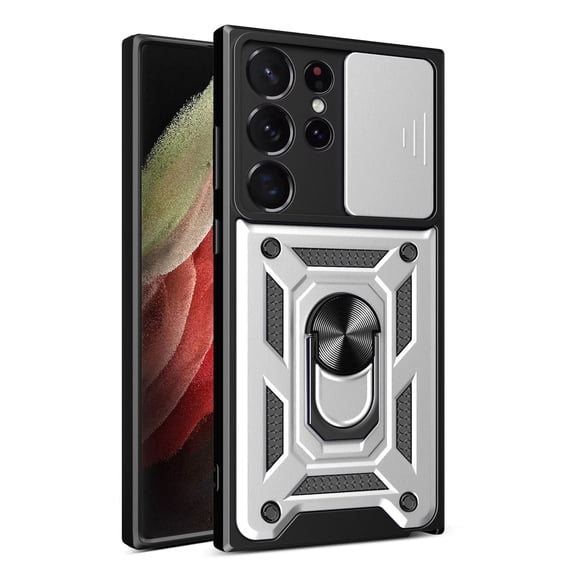 For Samsung Galaxy S24 Ultra Case with Sliding Camera Lens Cover and Ring Kickstand Heavy Duty Military Grade Rugged Protection Shockproof Back Phone Cover for Samsung Galaxy S24 Ultra, Silver