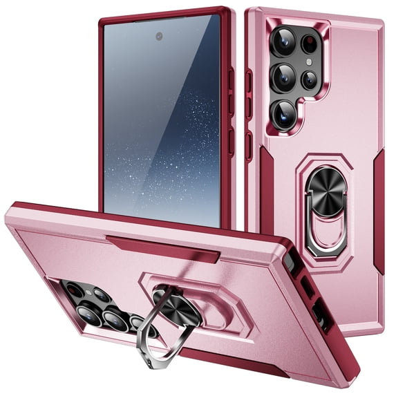 for Samsung Galaxy S24 Ultra Case, Slim Fit Military Grade Drop Tested Dual Layer Shockproof Case with 360 Ring Holder Kickstand Protective Rugged Car Magnetic Non-Slip Phone Case,Pink+Rose