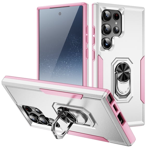 for Samsung Galaxy S24 Ultra Case, Slim Fit Military Grade Drop Tested Dual Layer Shockproof Case with 360 Ring Holder Kickstand Protective Rugged Car Magnetic Non-Slip Phone Case,White+Pink