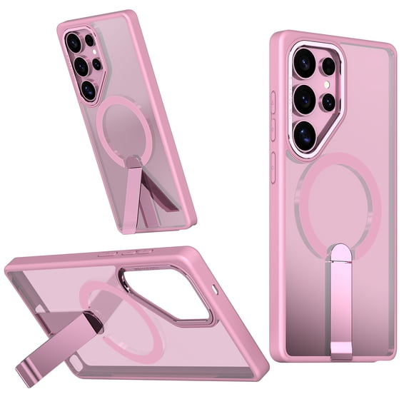 for Samsung Galaxy S24 Ultra Case with Stand, Compatible with MagSafe, Magnetic Kickstand Case for S24 Ultra, Military-Grade Protection Shockproof Case, Clear Acrylic + Soft TPU Material, Pink