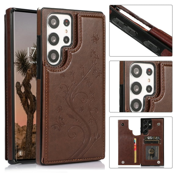 for Samsung Galaxy S24 Ultra Case Wallet with Card Holder, Floral Flower Pattern Back Flip Folio PU Leather Kickstand Card Slots Case for Women Girls, Double Magnetic Clasp Shockproof Cover, Brown