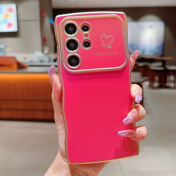 for Samsung Galaxy S24 Ultra Case for Women & Girls, Cute Wave Design with Curly Shape, Heart Pattern, Raised Camera Protection, Luxury Plating, Shockproof Protective Phone Cover, Red