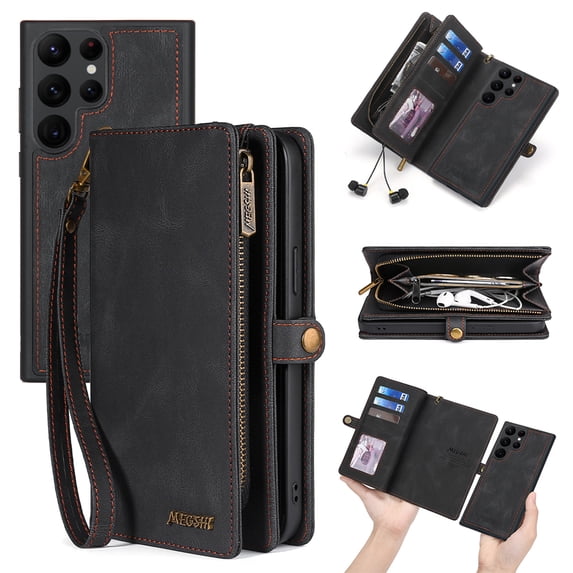 for Samsung Galaxy S24 Ultra Case for Women Men, Removable Durable PU Leather Magnetic Flip Strap Wristlet Zipper Purse Card Holder Detachable Wallet Phone Cases for Samsung Galaxy S24 Ultra, Black