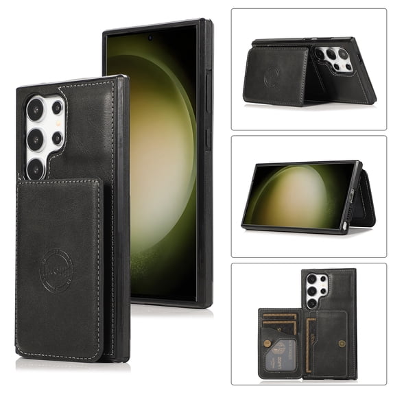 for Samsung Galaxy S24 Ultra, Classic PU Leather Case with Magnetic Clasp Card Slots Stand Function Durable Shockproof Soft TPU Phone Case Back Cover with Car Magnetic for S24 Ultra, Black
