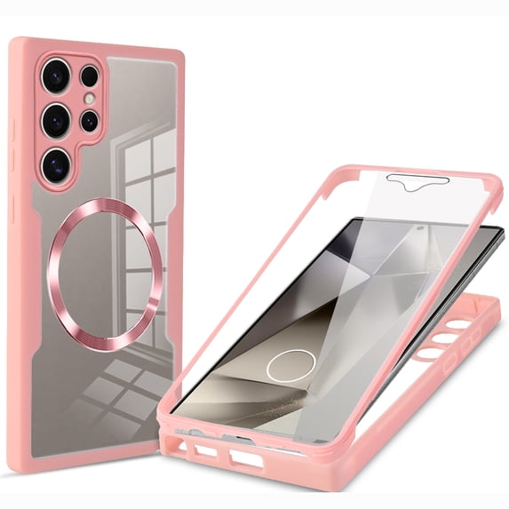 for Samsung Galaxy S24 Ultra Clear Case with Built-in Screen Protector Film, Compatible with Mag-Safe, Military-Grade Protection Yellowing Resistant, Shockproof Magnetic Full Phone Case, Pink