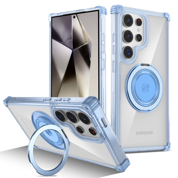 for Samsung Galaxy S24 Ultra Clear Case with Rotation Metal Ring Holder Stand, Support Magnetic Car Phone Mount Soft TPU Bumper PC Hard Corners Shockproof Protective Case for Galaxy S24 Ultra, Blue