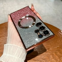 for Samsung Galaxy S24 Ultra Clear Magnetic Glitter Phone Case, Compatible with MagSafe, Full Camera Lens Protector Slim Gradient Sparkle Luxury Plating Shockproof Protective Cover Women, Rosegold