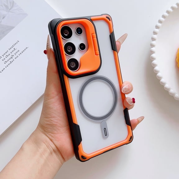 for Samsung Galaxy S24 Ultra Clear Phone Case, Compatible with MagSafe + Camera Kickstand Guard, Military-Grade Protective Shockproof Slim Fit Scratch-Resistant Transparent Case Cover - Orange