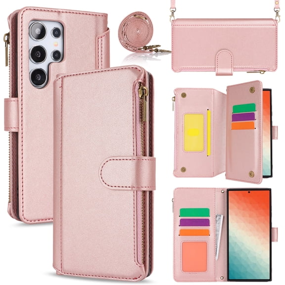 for Samsung Galaxy S24 Ultra Crossbody Case, RFID Blocking for Galaxy S24 Ultra Case Wallet with Card Holder, Fashion PU Leather Magnetic Flip Zipper Wrist Strap Lanyard Phone Case, Rosegold