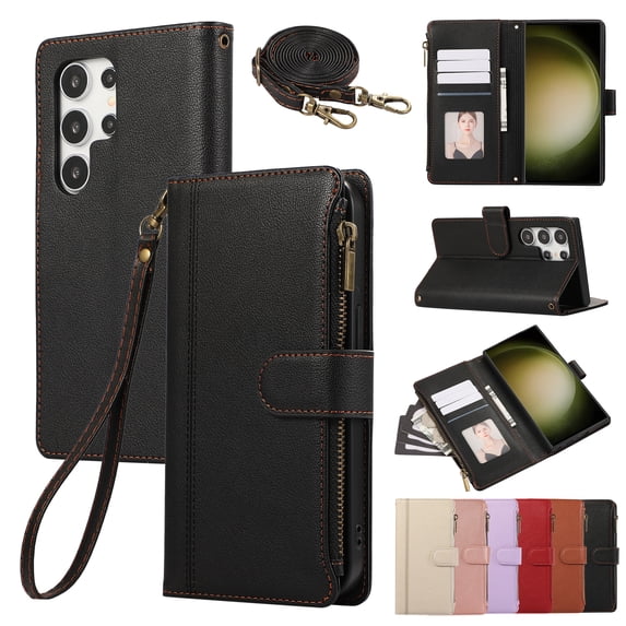 for Samsung Galaxy S24 Ultra Crossbody Wallet Case with Card Holder, Zipper Pouch PU Leather Long Shoulder & Lanyard Strap Magnetic Closure Flip Kickstand Cover for Samsung Galaxy S24 Ultra,Black