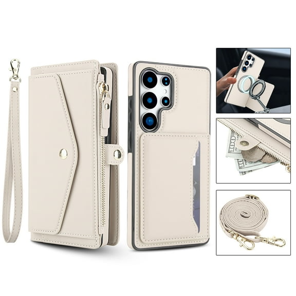 For Samsung Galaxy S24 Ultra Crossbody Wallet Phone Case,Magnetic Detachable Flip,With Shoulder Strap&Wrist Strap,Zipper Pocket,Card&Cash Slots,PU Leather Shockproof Rugged Phone Case,White