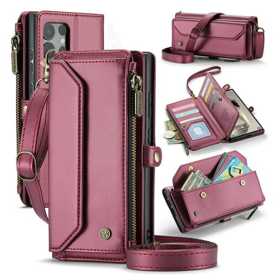 for Samsung Galaxy S24 Ultra Full Body Protection Wallet Folio Flip Case, Shoulder Strap & Wristlet Card Slots Zipper Pocket RFID Blocking Rugged Durable PU Leather Phone Case Cover, Winered