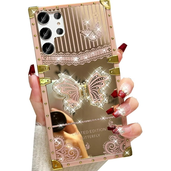 for Samsung Galaxy S24 Ultra Glitter Kickstand Case,Cute Luxury Bling Sparkly Diamond Butterfly Foldable Stand Mirror Back Elegant Shockproof Women Girls Phone Case for Galaxy S24 Ultra,Pink