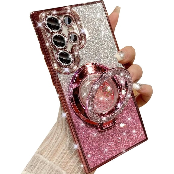 for Samsung Galaxy S24 Ultra Glitter Kickstand Case,Luxury Bling Sparkly Diamond Rhinestone with Camera Protector Liquid Ring Stand Women Girls Clear Phone Case for Galaxy S24 Ultra (Pink)