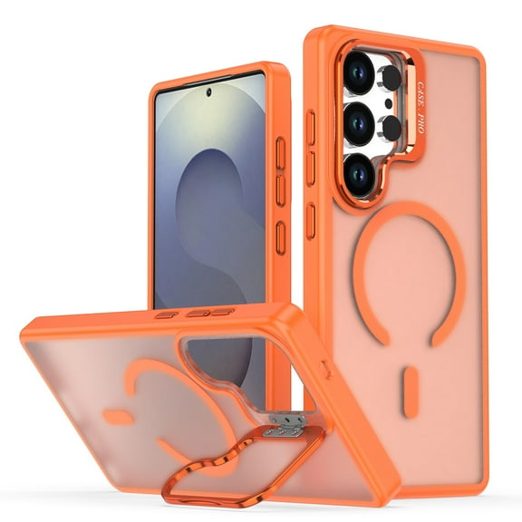for Samsung Galaxy S24 Ultra Magnetic Case with Camera Frame Kickstand, Compatible with MagSafe, Slim TPU+PC Shockproof Drop Protective Translucent Matte Phone Cover for Galaxy S24 Ultra, Orange