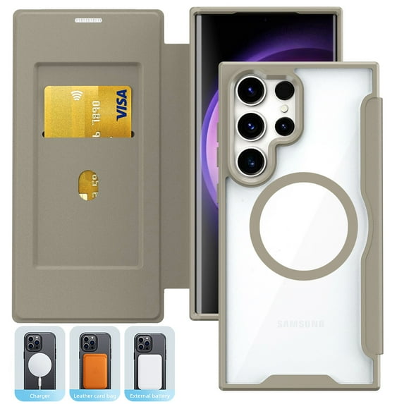for Samsung Galaxy S24 Ultra Magnetic Case, Compatible with Magsafe, Ultra Slim PU Leather Folio Flip Wallet Case with Card Slot & Transparent Back Cover for Galaxy S24 Ultra, RFID Blocking, Khaki