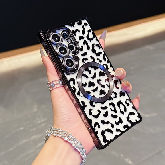 for Samsung Galaxy S24 Ultra Magnetic Case, Luxury Leopard Print Pattern Plating Phone Case with Glitter Bling Lens Circle, Support Wireless Charging, Clear Shockproof Back Cover, Black