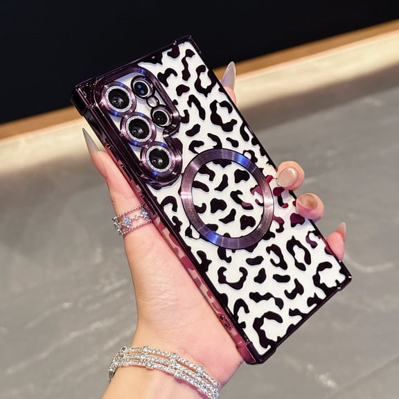 for Samsung Galaxy S24 Ultra Magnetic Case, Luxury Leopard Print Pattern Plating Phone Case with Glitter Bling Lens Circle, Support Wireless Charging, Clear Shockproof Back Cover, Darkpurple
