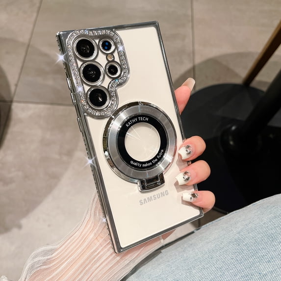 for Samsung Galaxy S24 Ultra Magnetic Glitter Case with Ring Holder Stand, Luxury Bling Rhinestone Clear Phone Case, Compatible with MagSafe and Camera Lens Protection Cover for Women Girls, Silver