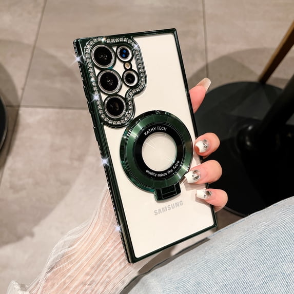 for Samsung Galaxy S24 Ultra Magnetic Glitter Case with Ring Holder Stand, Luxury Bling Rhinestone Clear Phone Case, Compatible with MagSafe and Camera Lens Protection Cover for Women Girls, Darkgreen