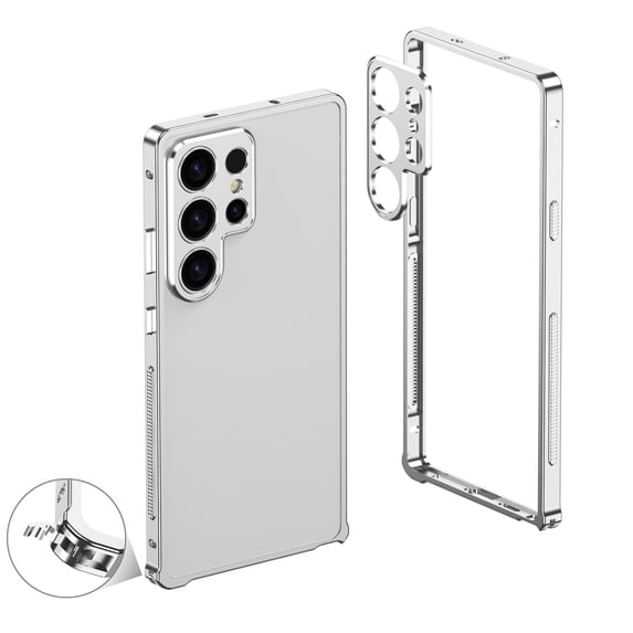 for Samsung Galaxy S24 Ultra Metal Bumper Frame + Camera Lens Protection, No Back, Luxury Shockproof Protective Rugged Heat Dissipation, Raised Edge Protection, for Samsung Galaxy S24 Ultra, Silver