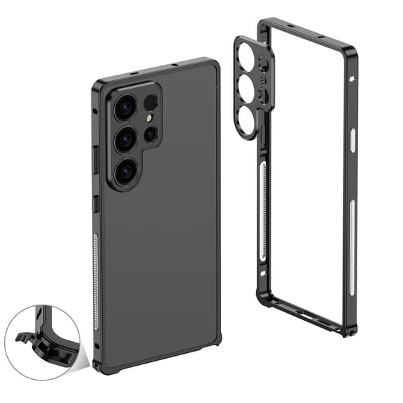for Samsung Galaxy S24 Ultra Metal Bumper Frame + Camera Lens Protection, No Back, Luxury Shockproof Protective Rugged Heat Dissipation, Raised Edge Protection, for Samsung Galaxy S24 Ultra, Black