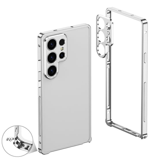For Samsung Galaxy S24 Ultra Metal Bumper Phone Case,With Lens Protector,Slim Fit No Back No Frame Backless Metal Bumper 4 Corners Shockproof Rugged Heat Dissipation Phone Case,Silver