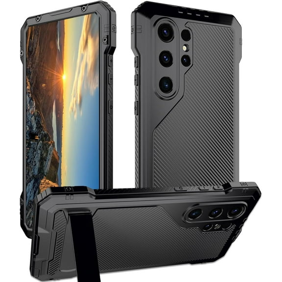 for Samsung Galaxy S24 Ultra Metal Case with Stand Screen Protector Durable Bumper Military Grade Shockproof Heavy Duty Rugged Full Body Kickstand Cover Fingerprint Compatible - Black