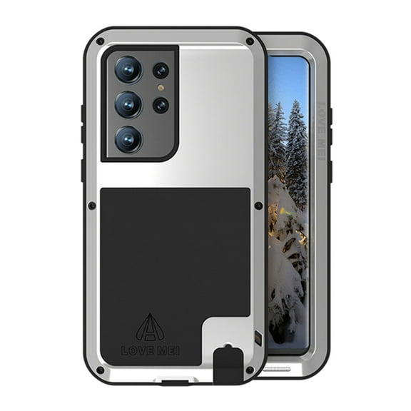 for Samsung Galaxy S24 Ultra Metal + Silicone Case, Heavy Duty Shockproof Rugged Case with Built-in Glass Screen Protector, 360 Full Body Protective Tough Cover for Samsung Galaxy S24 Ultra, Silver
