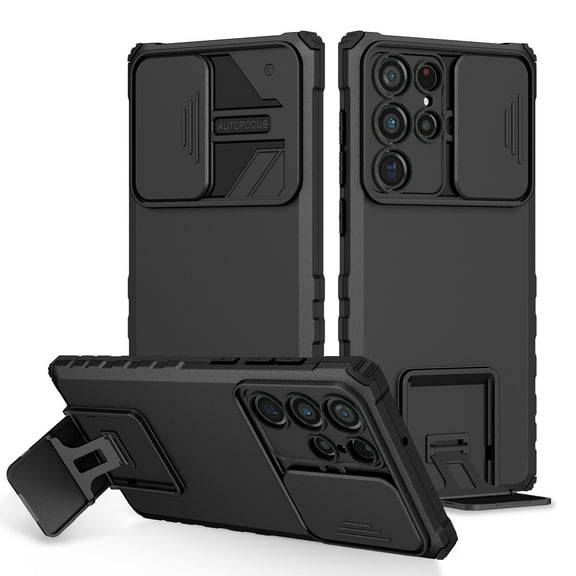 for Samsung Galaxy S24 Ultra Military Grade Heavy Duty Shockproof Protection Case, with Bracket and Lens Slide Window Hybrid 2 in 1 Phone Cover for Samsung Galaxy S24 Ultra,Black
