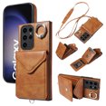 thumbnail image 1 of for Samsung Galaxy S24 Ultra PU Leather Back + TPU Frame Rugged Case, Classic 360 Rotating Ring Kickstand Card Slots Shoulder Strap Drop Protective Slim Fit Shockproof Phone Case Cover, Brown, 1 of 12