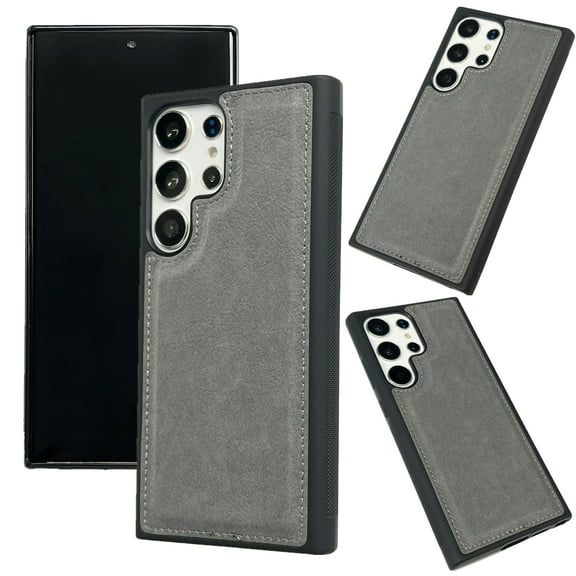 for Samsung Galaxy S24 Ultra PU Leather Case, Slim Shockproof TPU Silicone Bumper Camera and Screen Protective Phone Cover Classic Sythetic Leather Lightweight Case for Galaxy S24 Ultra, Grey