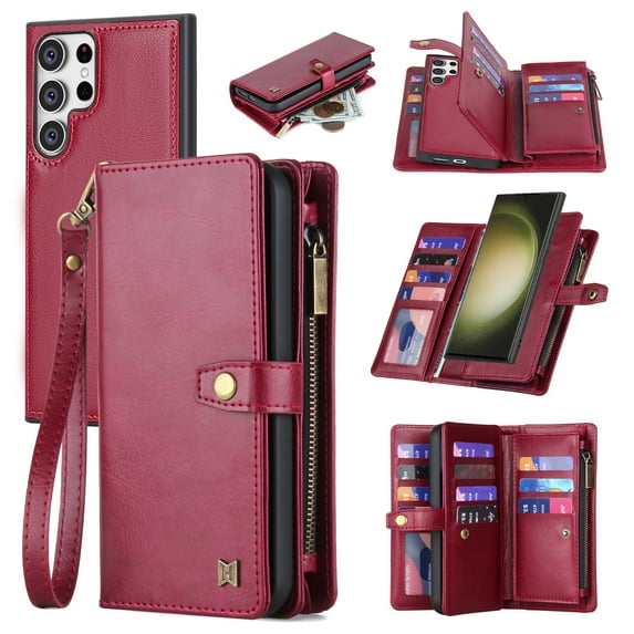 for Samsung Galaxy S24 Ultra PU Leather Detachable Magnetic Wallet Case, Zipper Pocket Card Slots Multifunctional Rugged Full Body Protection Wrist Strap Magnetic Buckle for Galaxy S24 Ultra - Red