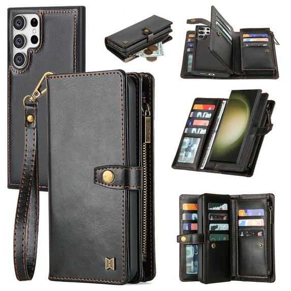 for Samsung Galaxy S24 Ultra PU Leather Detachable Magnetic Wallet Case, Zipper Pocket Card Slots Multifunctional Rugged Full Body Protection Wrist Strap Magnetic Buckle for Galaxy S24 Ultra - Black