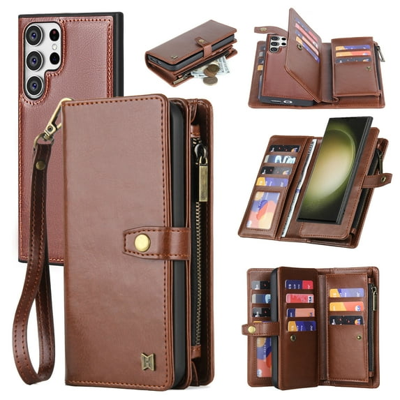for Samsung Galaxy S24 Ultra PU Leather Detachable Magnetic Wallet Case, Zipper Pocket Card Slots Multifunctional Rugged Full Body Protection Wrist Strap Magnetic Buckle for Galaxy S24 Ultra - Brown