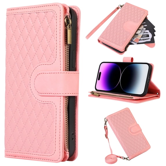 for Samsung Galaxy S24 Ultra PU Leather Wallet Case, Magnetic Closure Kickstand 1 Wrist Strap and 1 Shoulder Strap Card Slots Full Body Protection Zipper Pocket Phone Cover for S24 Ultra, Pink