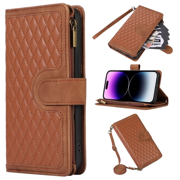 for Samsung Galaxy S24 Ultra PU Leather Wallet Case, Magnetic Closure Kickstand 1 Wrist Strap and 1 Shoulder Strap Card Slots Full Body Protection Zipper Pocket Phone Cover for S24 Ultra, Brown