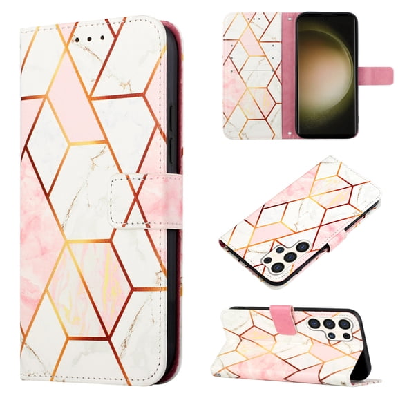 for Samsung Galaxy S24 Ultra PU Leather Wallet case, Marble Pattern Credit Card Holder,Flip Folio Book Kickstand Cover Women Men with Long + Short Strap for Samsung Galaxy S24 Ultra, Pink/White