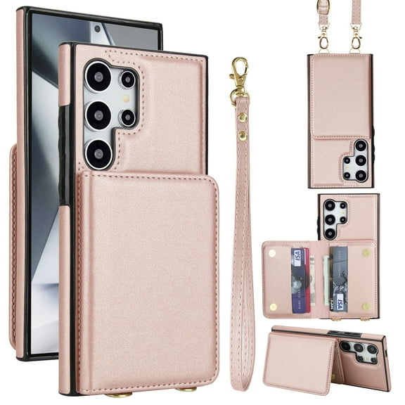 For Samsung Galaxy S24 Ultra Phone Case Wallet Card Holder,RFID Blocking PU Leather Back Magnetic Flip Kickstand Folio Case Wrist Lanyard & Crossbody Strap Protective Women Girls Cover,Rosegold