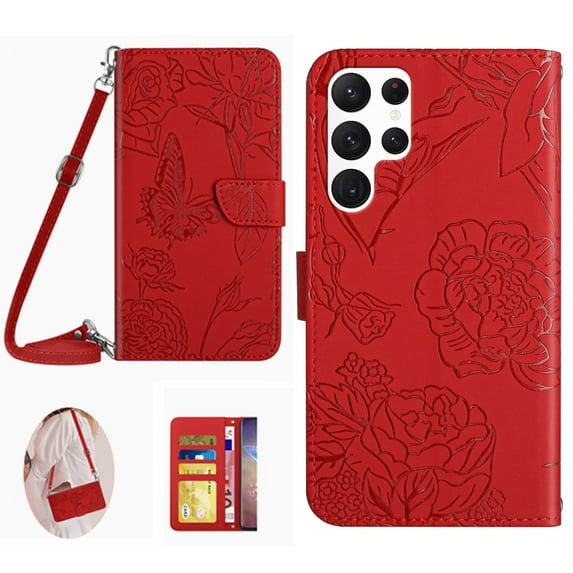 for Samsung Galaxy S24 Ultra Phone Case Wallet,Crossbody Strap Women Flip Folio Cover with Card Holders Butterfly Embossed Premium PU Leather Kickstand Wrist Strap Magnetic Closure Case,Red