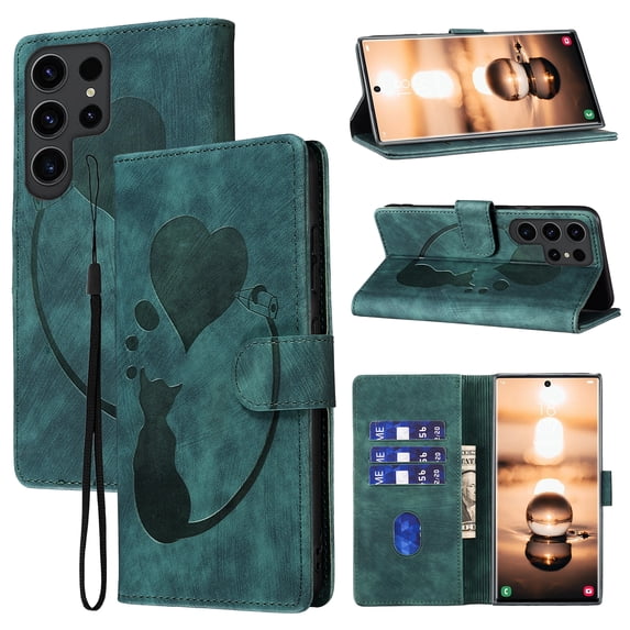 for Samsung Galaxy S24 Ultra Phone Case Wallet Flip Cases,Cute Cat & Heart Patterned,Retro PU Leather Kickstand,Card Holder,Wrist Strap,Magnetic Closure,Shockproof Cover, Green
