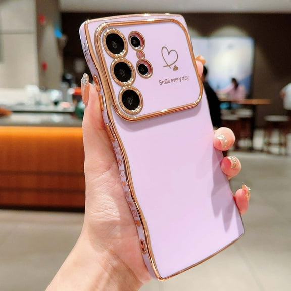 For Samsung Galaxy S24 Ultra Phone Case,Wavy Frame Designing,Love Heart Pattern,Luxury Plating Shockproof Anti-fall Soft TPU Ultra Slim Thin Fit Cute Electroplated Phone Case Cover,Purple